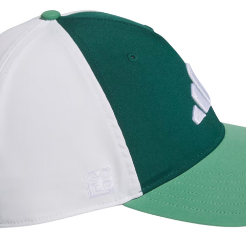 The Adidas Colourblock Snapback Hat features a green bill, colorblock panels, white embroidered logo, and a moisture-wicking sweatband—perfect for stylish comfort on sunny golf days.