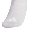 A close-up of the toe area of Adidas Women’s Comfort Low Socks in white, showing three white diagonal stripes near the toes and subtle arch support. Available as a 3-pack in White/Grey/Black.