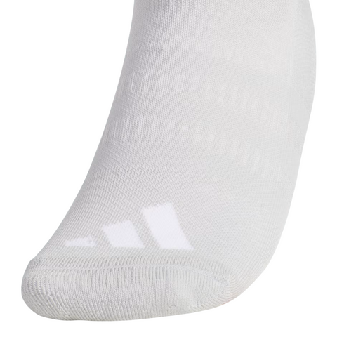A close-up of the toe area of Adidas Women’s Comfort Low Socks in white, showing three white diagonal stripes near the toes and subtle arch support. Available as a 3-pack in White/Grey/Black.
