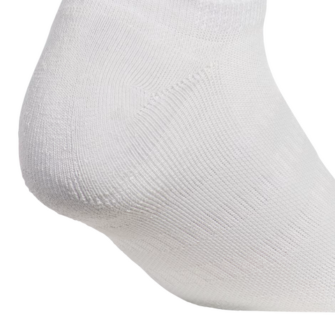 Close-up of an Adidas Women’s Comfort Low Sock in white, showing the knit texture, snug fit, and arch support—features of Adidas Women’s Comfort Low Socks (White/Grey/Black 3-Pack).