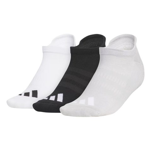 Adidas Women’s Comfort Low Socks 3-Pack includes white, grey, and black pairs with a small geometric pattern near the toes and arch support for all-day comfort.