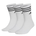 Side angle of Adidas 3-pack golf crew socks in white with black stripes at the top and Adidas logo near the ankle.