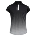The Adidas G Zip Mock Neck Junior Girls Golf Shirt in black features a high collar, half zipper, and dotted gradient pattern with ADIDAS text near the zipper