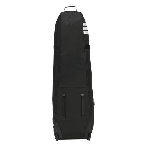 The Adidas Golf Travel Cover | Black is a large, durable club cover from Adidas featuring a top handle and three white stripes near the upper right side, shown standing upright against a white background.
