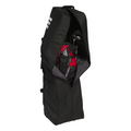 The Adidas Golf Travel Cover in black by Adidas is shown unzipped in front, revealing a red and black golf bag inside with golf clubs securely held.