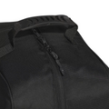 Close-up of the Adidas Golf Travel Cover in black, featuring a zipper and textured plastic handle on top. Its woven pattern highlights the durable material. The travel cover is shown against a plain white background.