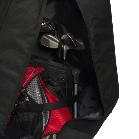 A close-up of a red and gray golf bag with clubs inside, partially enclosed in the Adidas Golf Travel Cover | Black by Adidas, its zipper open to showcase this durable club cover.