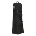 The Adidas Golf Travel Cover | Black features three white stripes near the top, side straps for securing clubs, and wheels for easy transport—ideal as a durable golf travel bag.