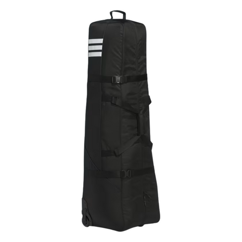 The Adidas Golf Travel Cover | Black features three white stripes near the top, side straps for securing clubs, and wheels for easy transport—ideal as a durable golf travel bag.