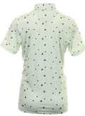 Back view of the Adidas Junior Golf Printed Polo in Linen Green/Shadow Green/Impact Yellow, featuring a breathable fabric with a scattered pattern of black and yellow dots. Displayed against a plain white background.