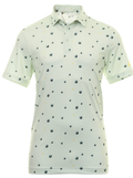 The Adidas Junior Golf Printed Polo features a linen green, shadow green, and impact yellow dotted pattern with a collar and button placket. Breathable and stylish, its ideal for young golfers on the course.