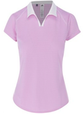 The Adidas Junior Golf Raglan Sleeve Girls Polo in Bliss Lilac features short sleeves, a white collar, raglan sleeves, a subtle textured pattern, and a slight flare at the bottom. Shown on a plain white background.