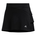 The Adidas Junior Golf Ruffled Girls Skort in black features a layered ruffle design, a white Adidas logo near the left hem, and a pocket on the right—stylish and functional for girls on the golf course.