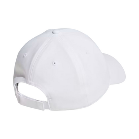 The Adidas Womens Logo Patch Cap, shown from the back on a white background, has an adjustable strap, curved brim, and features AEROREADY moisture-wicking technology for comfort.