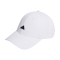 The Adidas Womens Logo Patch Cap, in white with a black front logo and AEROREADY moisture-wicking technology, is displayed against a plain white background.