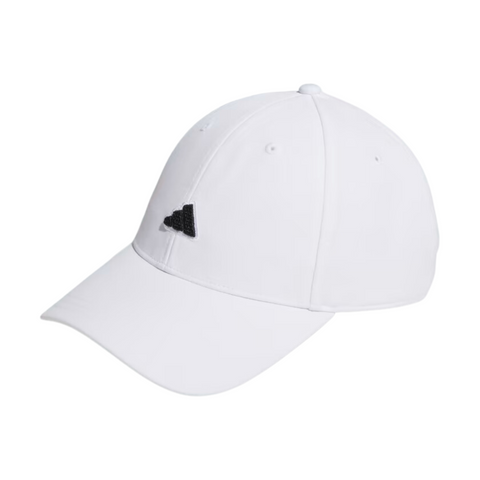 The Adidas Womens Logo Patch Cap, in white with a black front logo and AEROREADY moisture-wicking technology, is displayed against a plain white background.