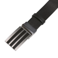 The Adidas Men’s 3-Stripes Tour Belt in black features genuine leather and a silver metallic buckle with three parallel black stripes, shown on a white background.