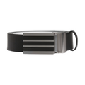 The Adidas Men’s 3-Stripes Tour Belt in black features genuine leather and a sleek, rectangular metallic buckle with three horizontal grooves, displayed coiled on a white background.