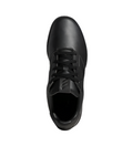 Top view, Adidas Men's Adicross Retro Golf Shoes, all-black leather with black laces and three-stripe detail on tongue.