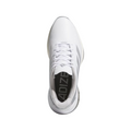 Top view of the Adidas Mens Adizero ZG Spikeless Golf Shoe in white, featuring white laces, subtle gray stripes, and ADIZERO text on the black insole, shown against a plain white background.