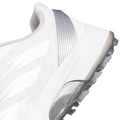 Close-up of Adidas Mens Adizero ZG Spikeless Golf Shoes in white with silver details, three white stripes, a textured grey outsole with patterned grip, and LIGHTSTRIKE embossed on the side. Lightweight design by Adidas.