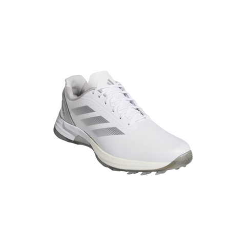 The Adidas Men's Adizero ZG Spikeless Golf Shoes in White/Grey feature a lace-up design, gray accents, three dark gray side stripes, and a textured sole, inspired by the Adizero ZG line.