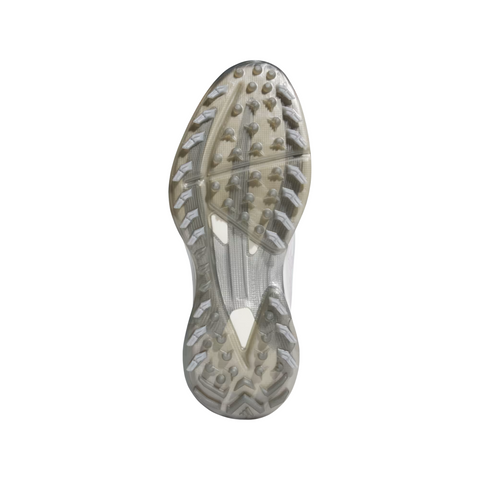 The image displays the sole of Adidas Men's Adizero ZG Spikeless Golf Shoes in White/Grey, featuring a translucent, textured rubber outsole with multiple traction elements