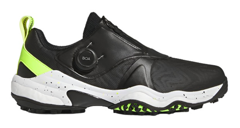 The Adidas Men's Codechaos Boa 25 Spikeless Golf Shoes in Black/Yellow feature a modern design with a BOA Fit System dial, neon yellow accents, heel pull tab, and textured detailing for style and comfort on the course.