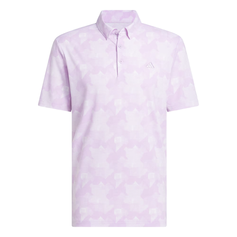 The Adidas Men's Go-To Printed Polo Shirt in Powder Plum/White features a subtle abstract print, buttoned collar, and chest logo—perfect for golf and adding an elevated touch to your look.
