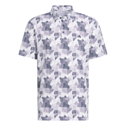The Adidas Mens Go-To Printed Polo Shirt in White/Collegiate Navy features short sleeves, a collared neckline, button-down front, and chest logo–ideal for golf or versatile everyday wear.