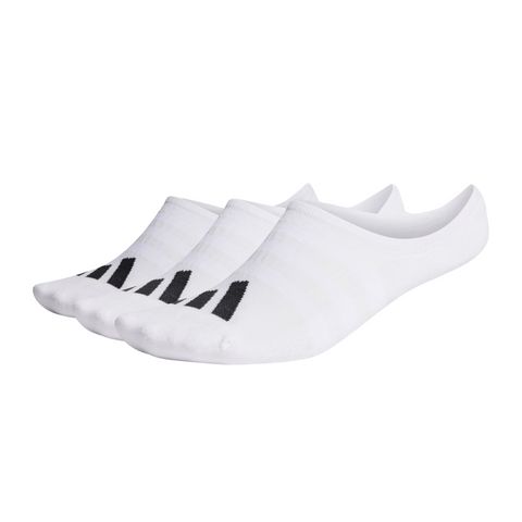 Three pairs of Adidas Men’s No-Show Golf Socks in white, shown in a row on a plain background—ideal for comfort and style on or off the course. Available as a 3-pack from Adidas.