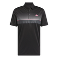 The Adidas Men's Performance Allover Print Polo Shirt in black features short sleeves, a dotted chest pattern with gray and pink accents, and a pink Adidas logo. Moisture-wicking fabric keeps you cool and comfortable on or off the course.