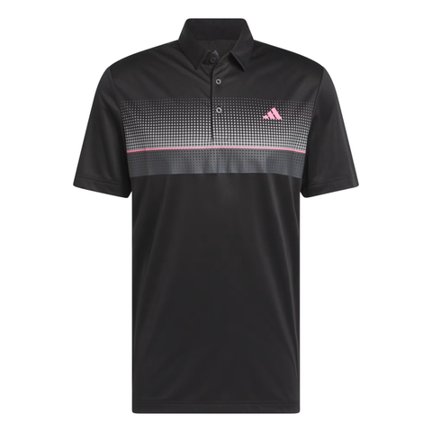 The Adidas Men's Performance Allover Print Polo Shirt in black features short sleeves, a dotted chest pattern with gray and pink accents, and a pink Adidas logo. Moisture-wicking fabric keeps you cool and comfortable on or off the course.