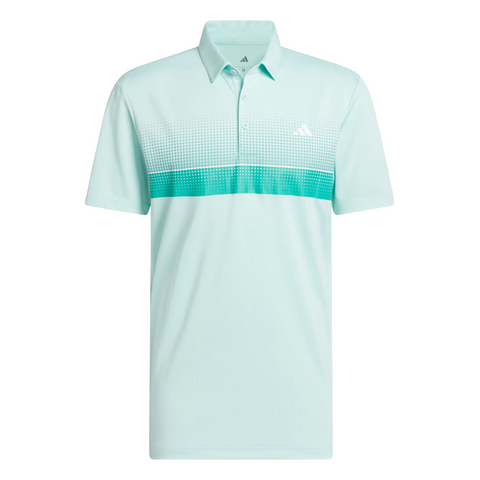 The Adidas Mens Performance Chest Stripe Print Polo Shirt in Flash Aqua features a classic collar, button placket, moisture-wicking fabric, and a white-and-turquoise dotted chest stripe with the Adidas logo on the left chest.