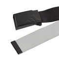 The Adidas Men’s Reversible Webbing Belt in Black/Grey features a black buckle with embossed Adidas logo and a textured, woven strap.