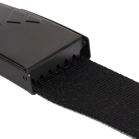 Close-up of a black plastic buckle with a toothed edge gripping the strap of an Adidas Men’s Reversible Webbing Belt in Black/Grey.