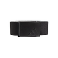 The Adidas Men’s Reversible Webbing Belt in Black/Grey features a matte black rectangular buckle with an embossed three-stripe logo, and comes rolled with the buckle facing forward.