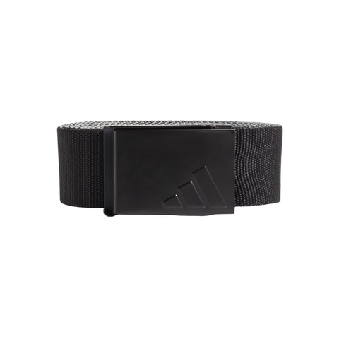 The Adidas Men’s Reversible Webbing Belt in Black/Grey features a matte black rectangular buckle with an embossed three-stripe logo, and comes rolled with the buckle facing forward.