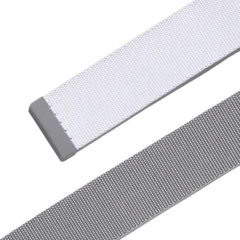 Two flat, woven straps—one white with a gray plastic end, one solid gray—are displayed diagonally on a white background, showcasing the practical style of the Adidas Men’s Reversible Webbing Belt in Grey/White.