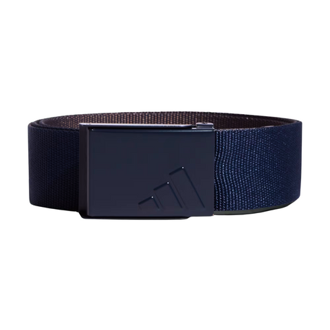 The Adidas Men’s Reversible Webbing Belt | Navy/Grey from golf360nz features a matching rectangular metal buckle and subtle embossed design, making it a versatile golf accessory to complement any outfit.