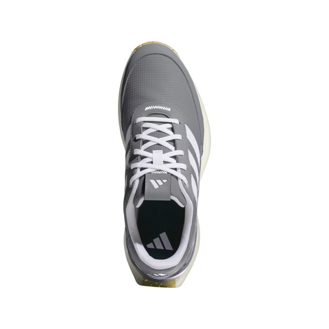 A top view of the Adidas Mens S2G 24 Spikeless Golf Shoes in gray, featuring white laces and signature white Adidas stripes, designed for comfort and style on and off the course—set against a white background.
