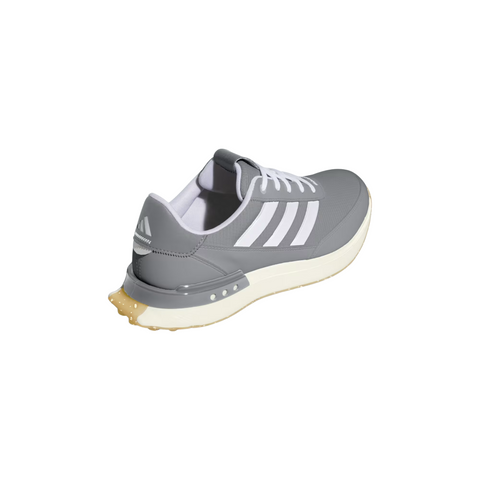 A single Adidas Mens S2G 24 Spikeless Golf Shoe in gray with white stripes, laces, and sole, shown from the back against a plain white background.