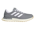 The Adidas Mens S2G 24 Spikeless Golf Shoes feature a gray design with white laces, three white side stripes, a white midsole, and a light brown outsole, offering a classic Adidas golf shoe style in a spikeless design.