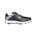 The Adidas Mens S2G Boa Wide Golf Shoes in Black/White/Grey feature a black upper, white sole, gray camo heel, black laces, three subtle black stripes, and a textured spikeless sole for traction—perfect for golf-inspired style.