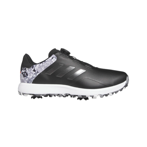 The Adidas Mens S2G Boa Wide Golf Shoes in Black/White/Grey feature a black upper, white sole, gray camo heel, black laces, three subtle black stripes, and a textured spikeless sole for traction—perfect for golf-inspired style.