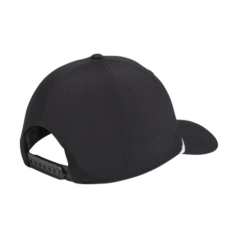 The Adidas Mens Tour Five-Panel Hat in black features a curved brim and adjustable snapback closure, crafted from smooth, solid-colored fabric for a sleek, athletic look.