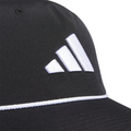 Close-up of the Adidas Mens Tour Five-Panel Hat | Black—a performance cap with a white embroidered Adidas logo, three angled stripes, and a white-trimmed brim.