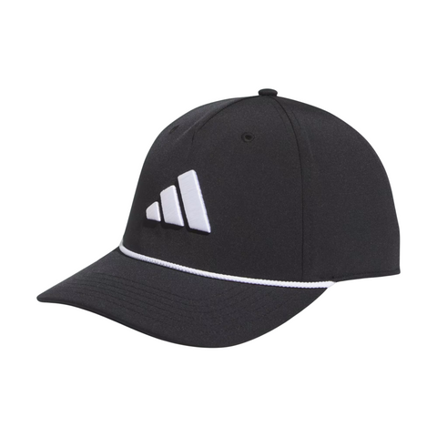 The Adidas Mens Tour Five-Panel Hat in black features a white front logo and slim white brim trim—ideal as a performance or golf cap for a subtle, athletic style.