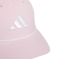 Close-up of the Adidas Mens Tour Five-Panel Hat | Pink, a stylish and breathable performance cap with a white embroidered logo and rope detail—perfect as a golf hat.