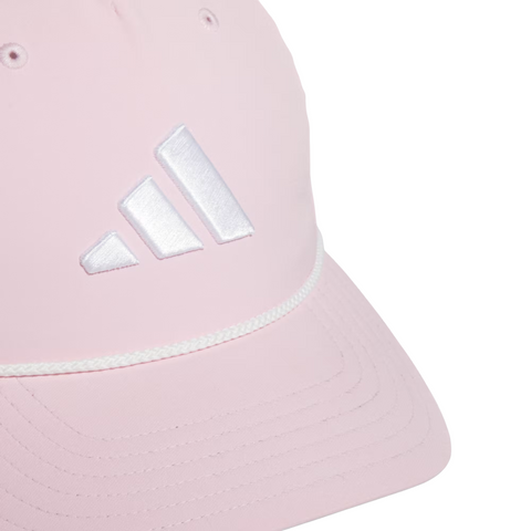 Close-up of the Adidas Mens Tour Five-Panel Hat | Pink, a stylish and breathable performance cap with a white embroidered logo and rope detail—perfect as a golf hat.